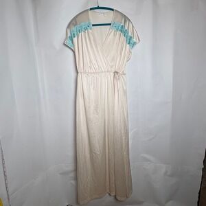 MG Vintage 70s Cream Maxi Robe Teal Leaf Embroidery Wrap‎ Front Size L USA Made